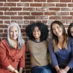 Diverse women sitting together by a brick wall