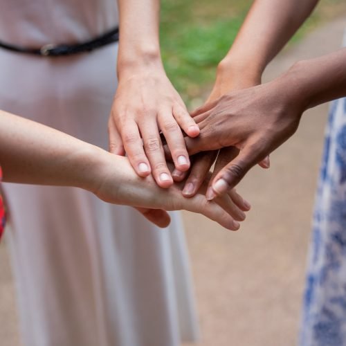 Multi-ethnic youth group at park joins hands to manifest togetherness. Friendship concept